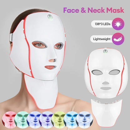 7-Color Light Therapy Face Mask with Neck Support for Acne, Wrinkles, Pores