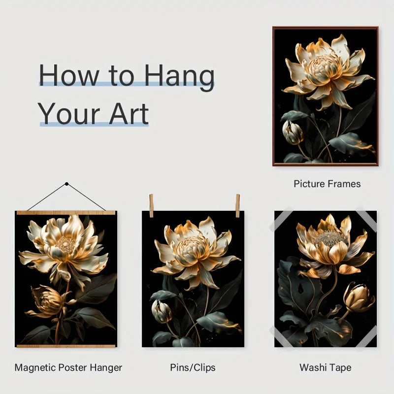 Modern Botanical Canvas Prints - Black and Gold Floral Wall Art for Home Decor