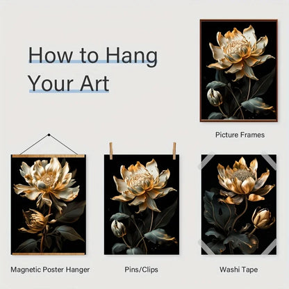 Modern Botanical Canvas Prints - Black and Gold Floral Wall Art for Home Decor