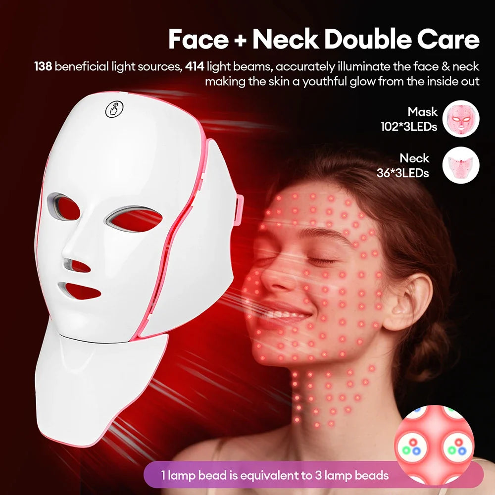 7-Color Light Therapy Face Mask with Neck Support for Acne, Wrinkles, Pores
