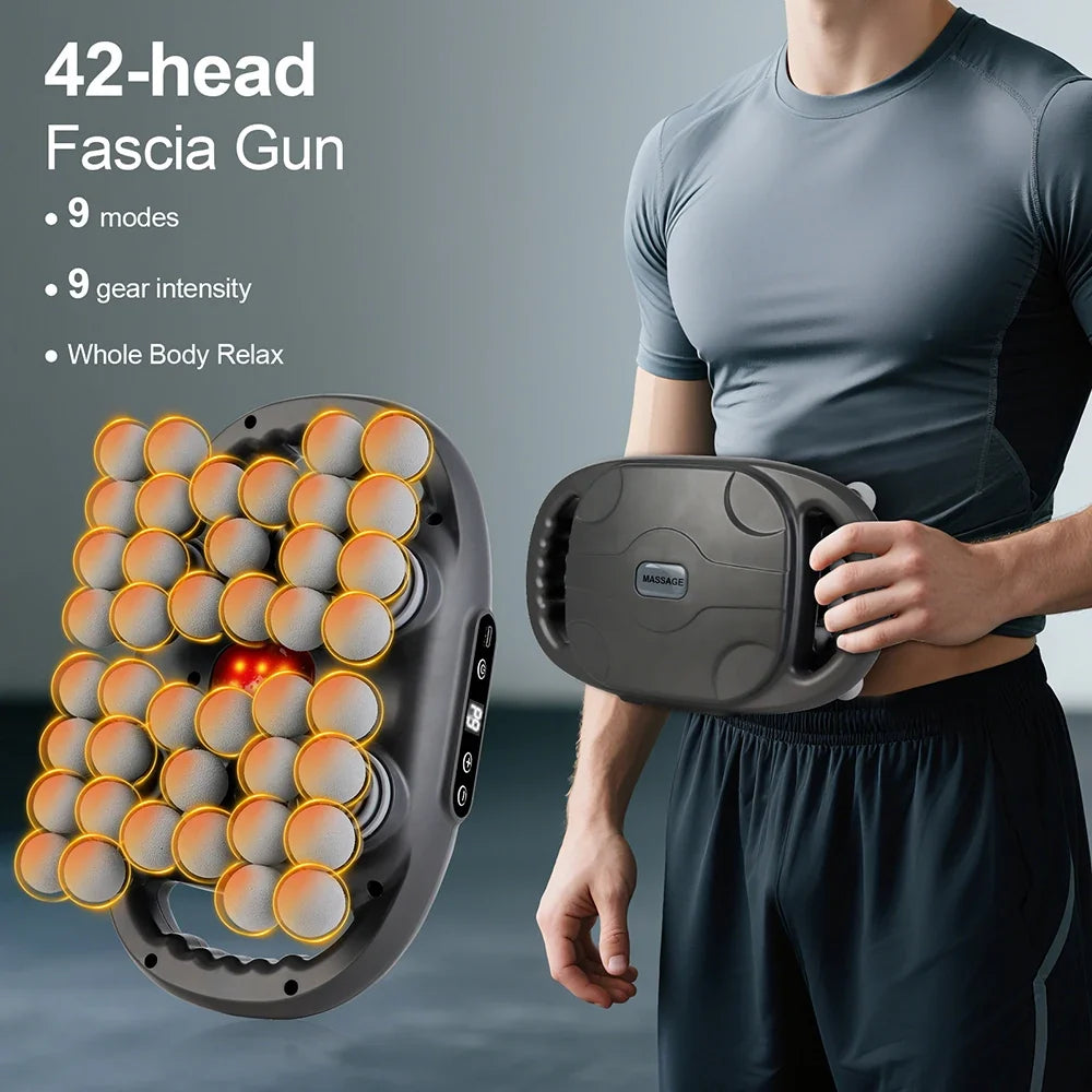 Deep Tissue Massage Gun with 42 Heads, Red Light Heat & Dual Handles - 9 Modes & Intensities