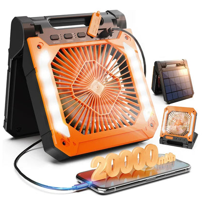 Portable 20000mAh Electric Fan with LED Light - USB, Solar & Car Charging for Camping