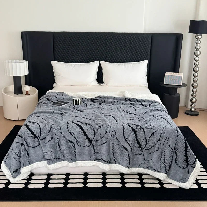 Cozy Lamb Fleece Blanket | Soft Velvet Throw with Gold Embossed Design | Stylish for Bed and Sofa