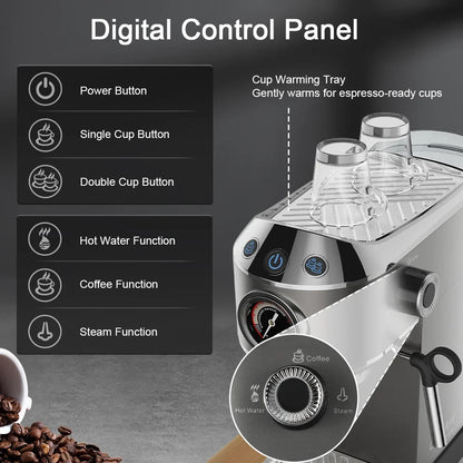Espresso Maker with 20 Bars Pressure, Steam Frother, 1.1L Tank