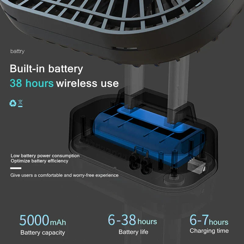 Compact Cordless Fan - 38 Hours Runtime, Flexible and Quiet