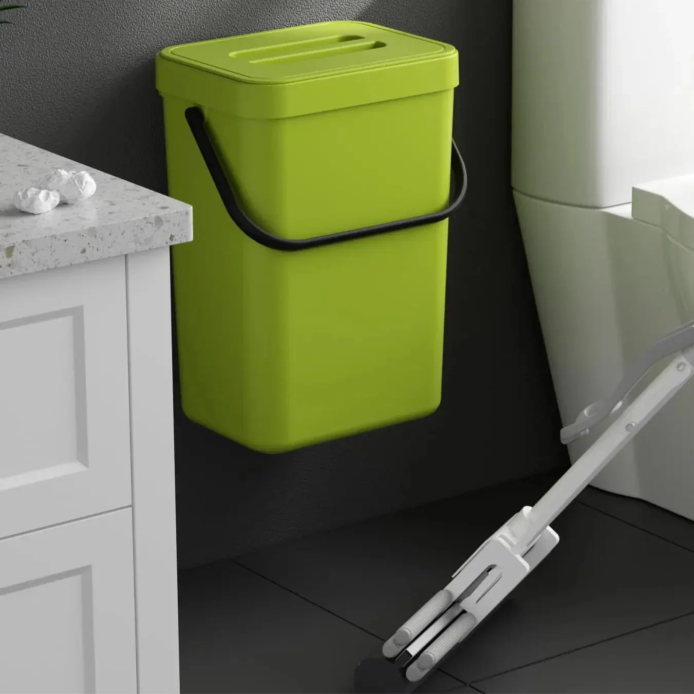 Compact Hanging Mini Trash Bin with Lid and Carry Handle for Kitchen and Bathroom