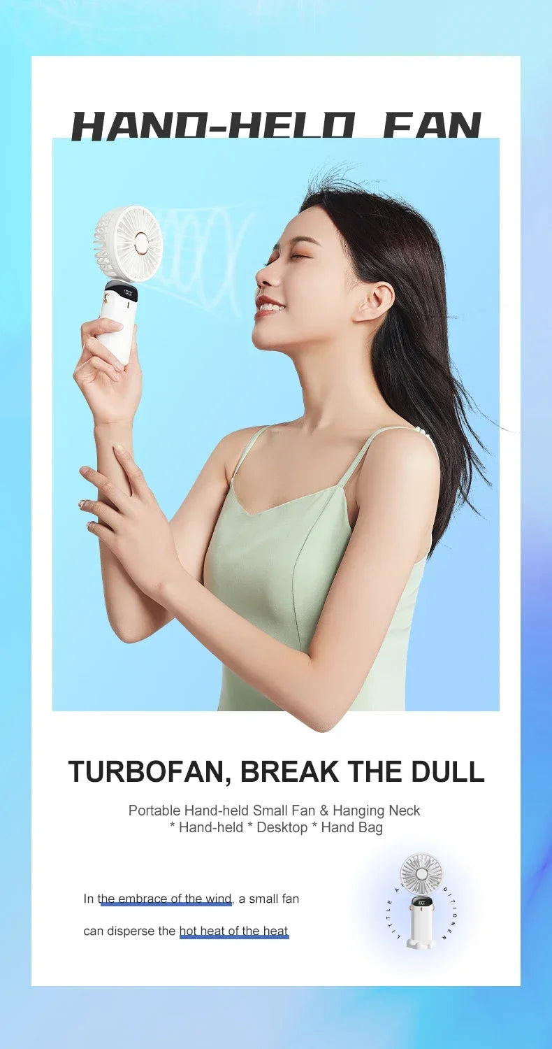 Portable Mini Fan 5000mAh – Wireless USB Rechargeable with Digital Screen and Phone Holder, 5-Speed Neck Hanging Design