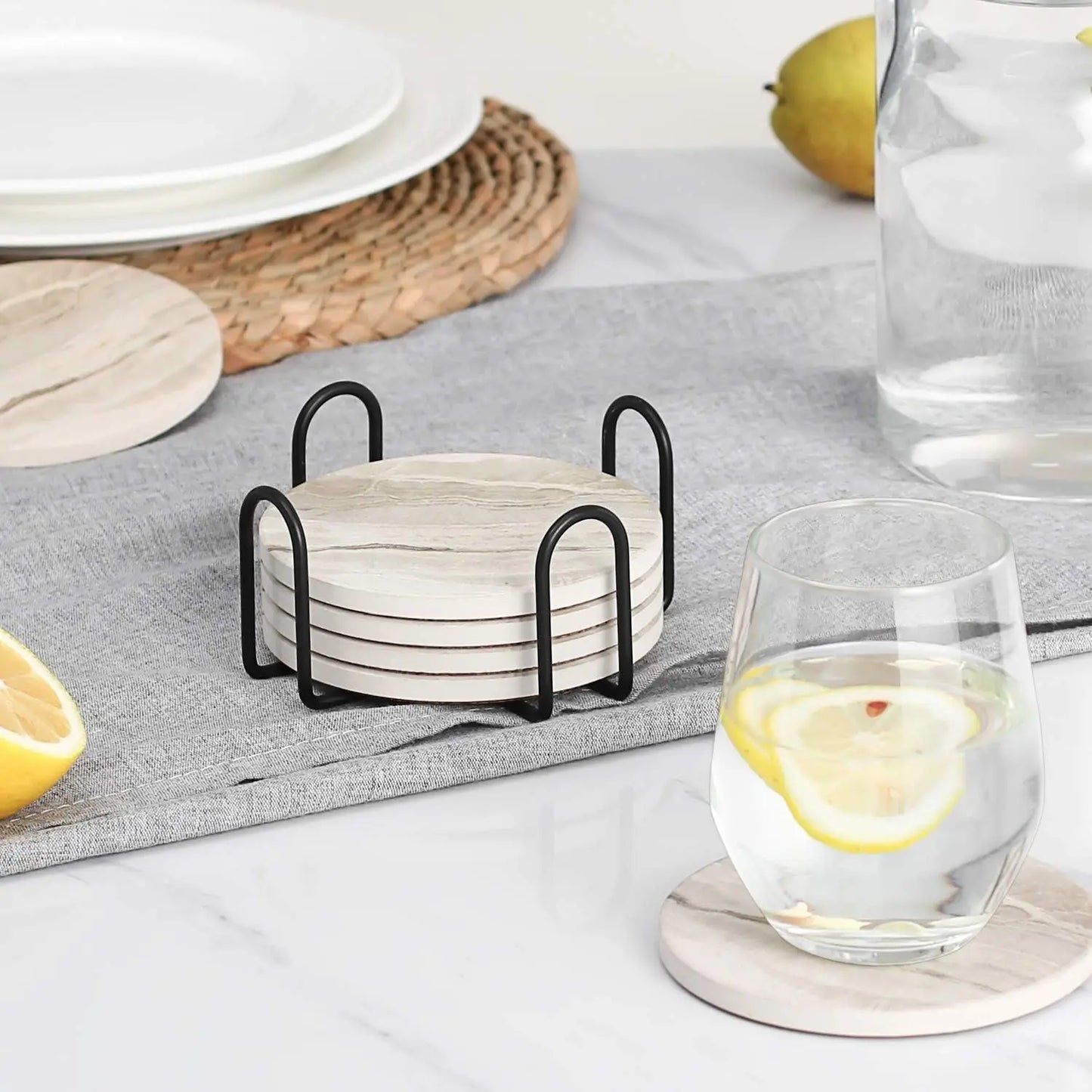Ceramic Coaster Set with Marble Design – 6 Pieces, Heat-Resistant Holder