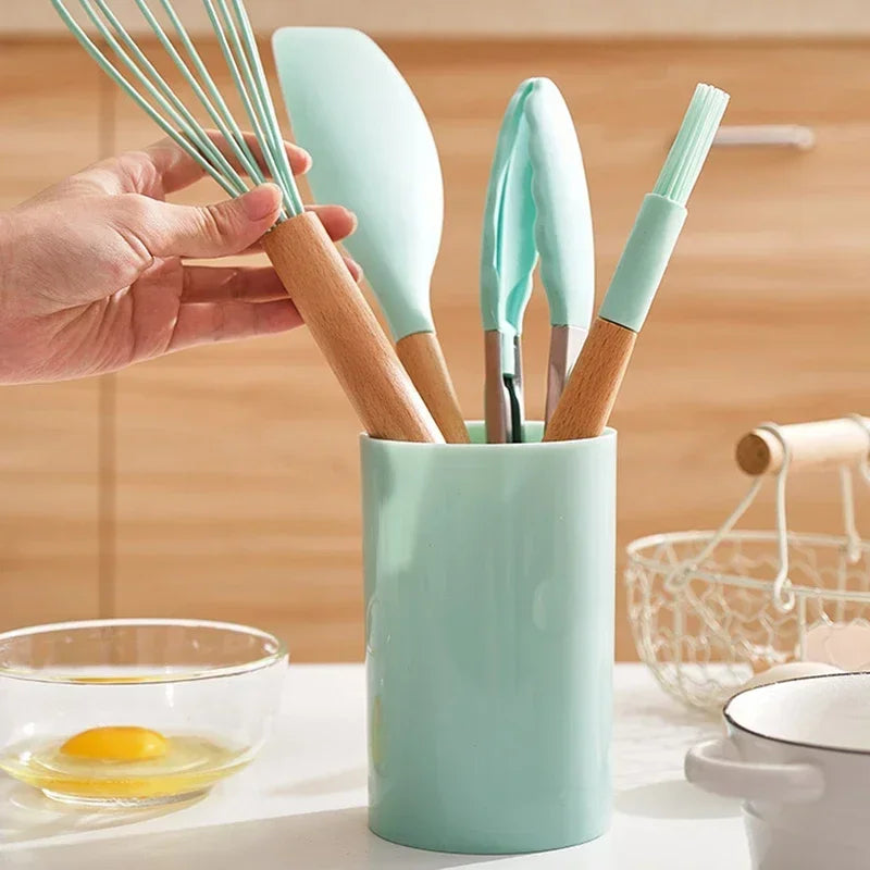 Silicone Cooking Utensils Set - 12 Pieces with Wooden Handles