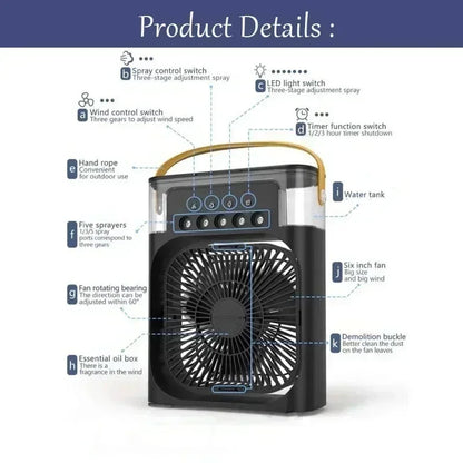 Portable 3-in-1 Air Conditioner Fan – Mini Cooler with LED Light, Humidifier, Adjustable Air for Home & Office