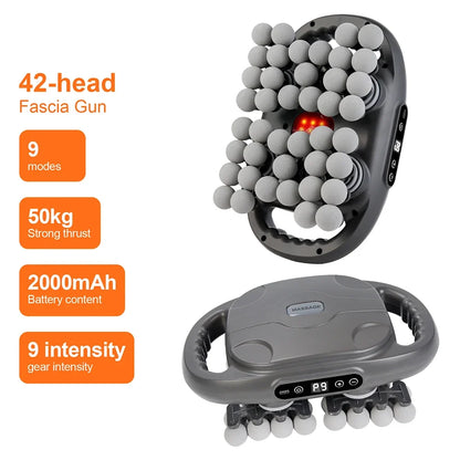 Deep Tissue Massage Gun with 42 Heads, Red Light Heat & Dual Handles - 9 Modes & Intensities