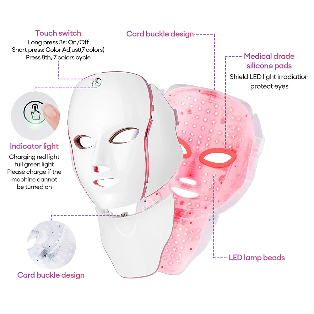 7-Color Light Therapy Face Mask with Neck Support for Acne, Wrinkles, Pores