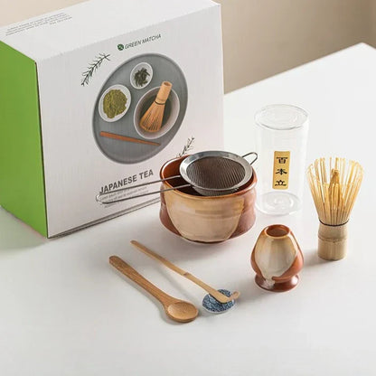Standard Size 7-Piece Ceramic Matcha Bowl and Whisk Set for Tea Ceremony