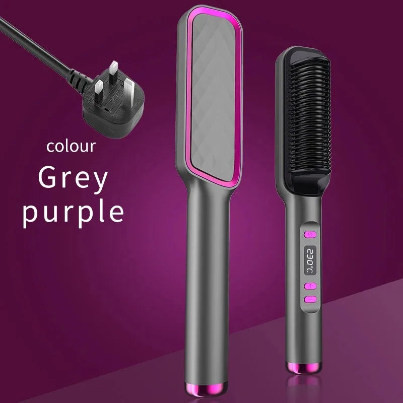 Hair Straightening Brush with LED Temperature Display & Anti-Scald Protection | 360° Rotating Cable