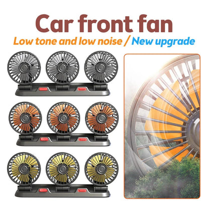 Automotive Electric Fan - 3-Head 360° Adjustable USB/12V/24V - Quiet Cooling for Home, Office & Car - 2 Speed Settings