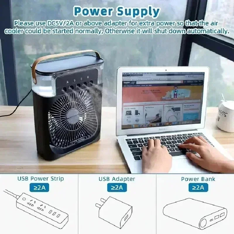 Portable 3-in-1 Air Conditioner Fan – Mini Cooler with LED Light, Humidifier, Adjustable Air for Home & Office