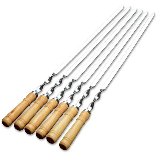 Extra Long Stainless Steel Skewers with Wooden Handle - Set of 6