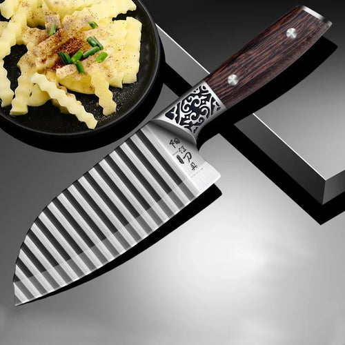 Kitchen Knife with Ribbed Blade and Wooden Handle