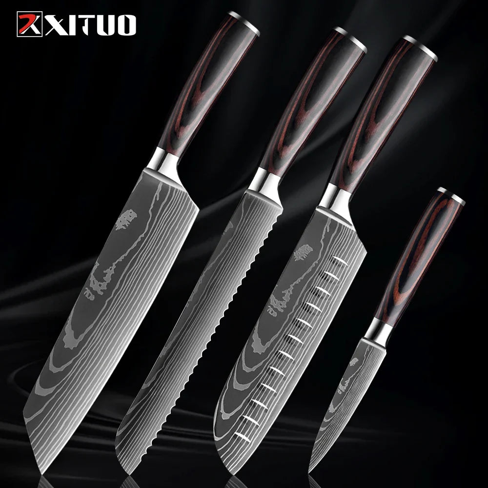 Kitchen Knife Collection - 1-9 Pieces Stainless Steel Chef, Santoku & Fruit Knives with Ergonomic Pakkawood Grip