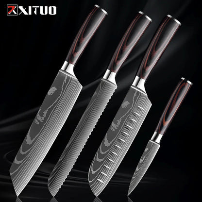 Kitchen Knife Collection - 1-9 Pieces Stainless Steel Chef, Santoku & Fruit Knives with Ergonomic Pakkawood Grip