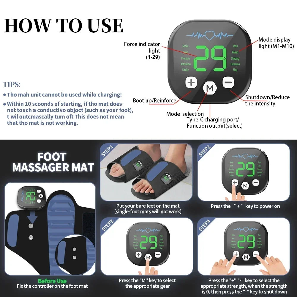 Remote-Controlled Foot Massaging Slippers – 10 Modes, 29 Intensities, 4 Pads, USB-C Rechargeable