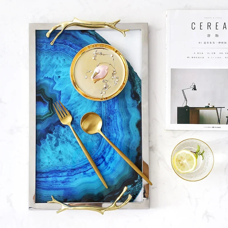 Serving Tray with Blue Agate Glass and Stainless Steel Frame