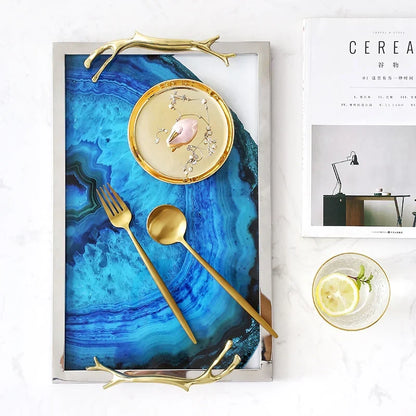 Serving Tray with Blue Agate Glass and Stainless Steel Frame