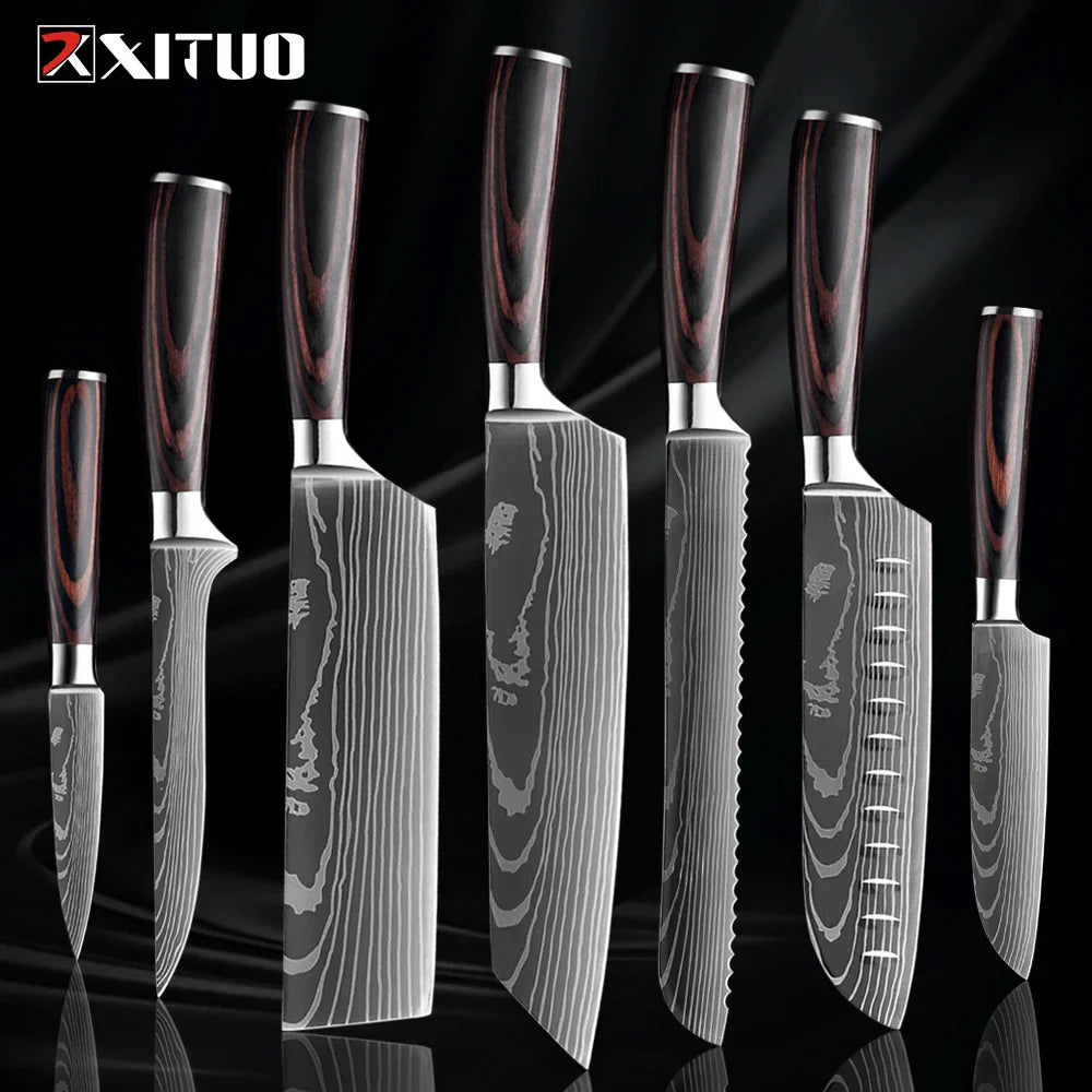 Kitchen Knife Collection - 1-9 Pieces Stainless Steel Chef, Santoku & Fruit Knives with Ergonomic Pakkawood Grip