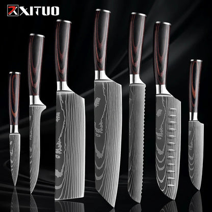 Kitchen Knife Collection - 1-9 Pieces Stainless Steel Chef, Santoku & Fruit Knives with Ergonomic Pakkawood Grip