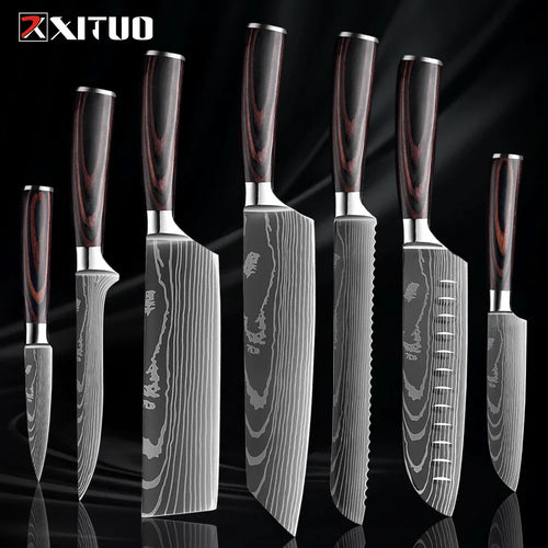Kitchen Knife Collection - 1-9 Pieces Stainless Steel Chef, Santoku & Fruit Knives with Ergonomic Pakkawood Grip