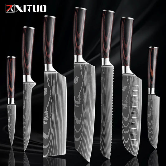 Kitchen Knife Collection - 1-9 Pieces Stainless Steel Chef, Santoku & Fruit Knives with Ergonomic Pakkawood Grip