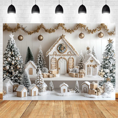 Christmas Photo Backdrop - Miniature House and Tree for Family & Kids Portraits - Vinyl/Polyester/Fleece - 300×200 cm