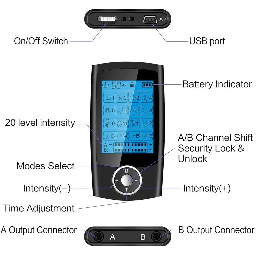 Rechargeable Muscle Stimulator with Dual-Channel TENS & EMS – 16 Modes, 10 Intensities