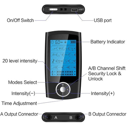 Rechargeable Muscle Stimulator with Dual-Channel TENS & EMS – 16 Modes, 10 Intensities