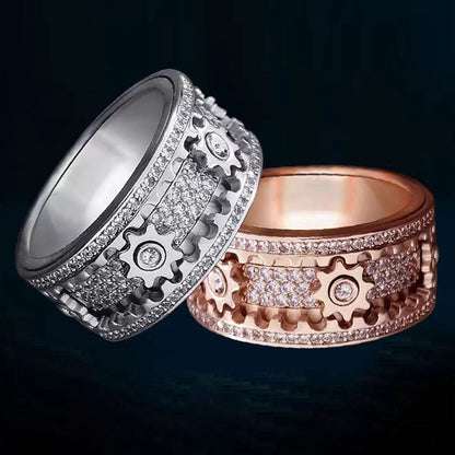 CalmSphere Rotating Gear Ring | Adjustable Fit | Hypoallergenic Stainless Steel | Silent Spinning for Focus | Silver/Black