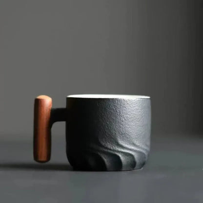Retro Ceramic Espresso Mugs Featuring Wooden Handles