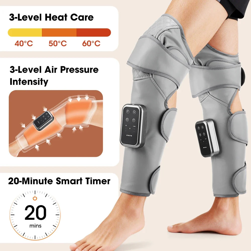 Cordless Leg Wrap Massager for Calves and Knees – Heat and Air Compression with 3 Levels and Adjustable Pressure