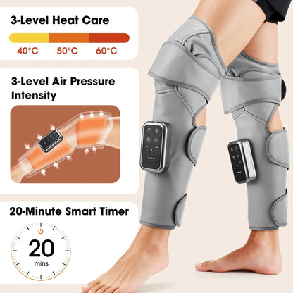 Cordless Leg Wrap Massager for Calves and Knees – Heat and Air Compression with 3 Levels and Adjustable Pressure