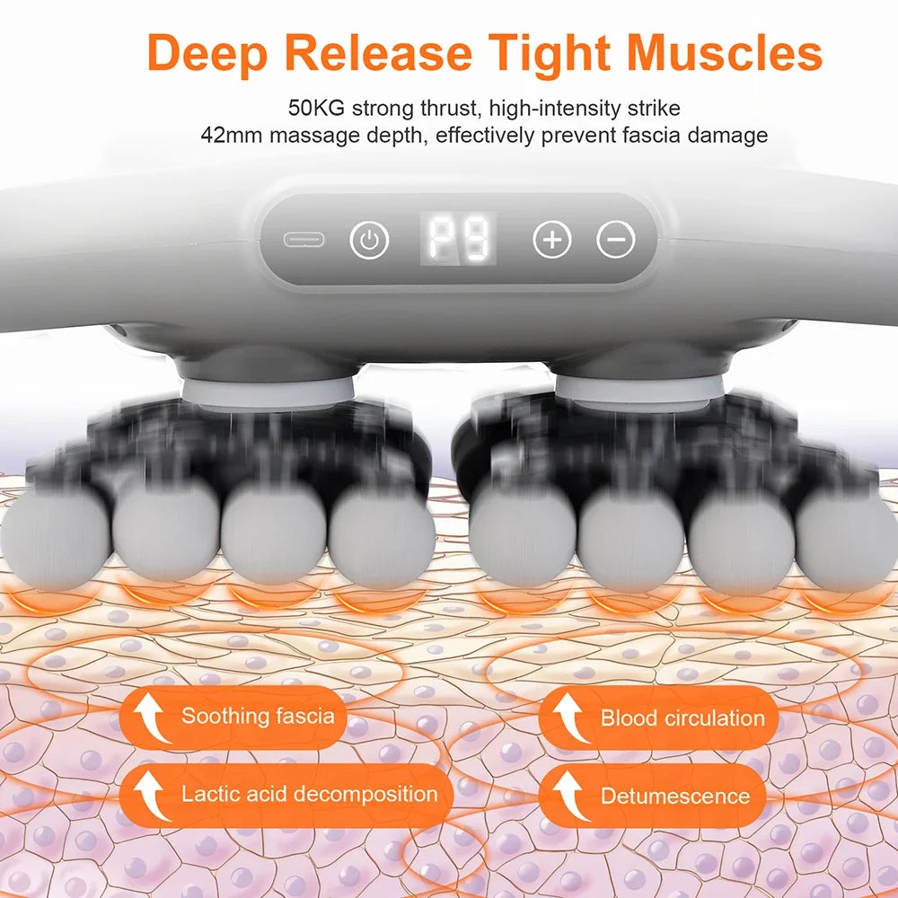 Deep Tissue Massage Gun with 42 Heads, Red Light Heat & Dual Handles - 9 Modes & Intensities