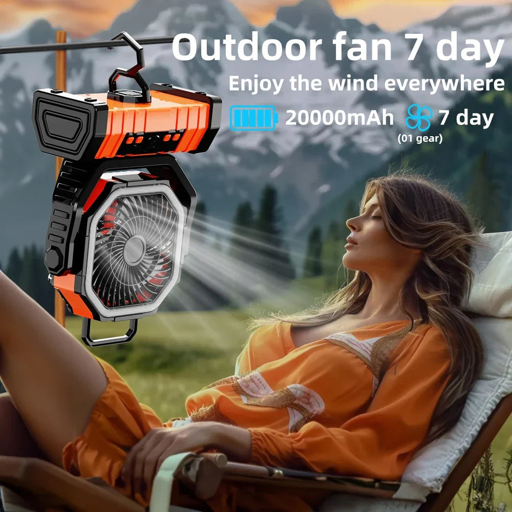 Portable 20000mAh Rechargeable Fan with LED Light & Hook for Outdoor Use