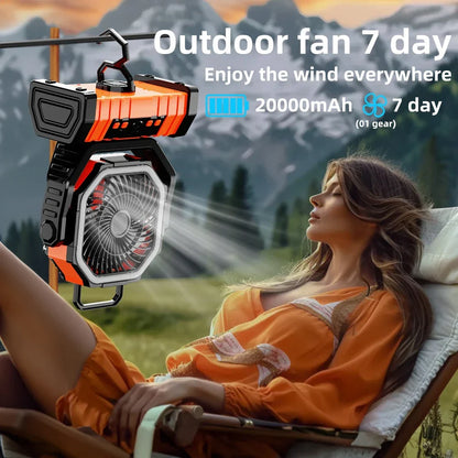 Portable 20000mAh Rechargeable Fan with LED Light & Hook for Outdoor Use