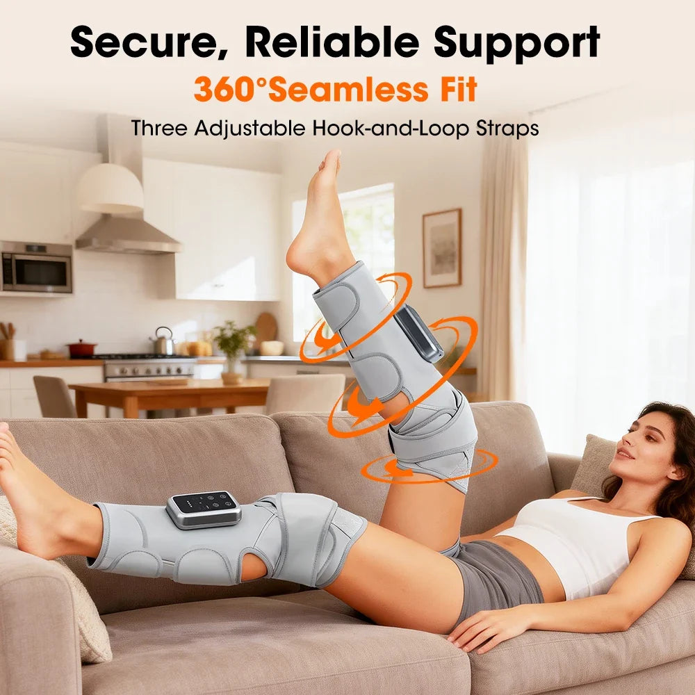 Cordless Leg Wrap Massager for Calves and Knees – Heat and Air Compression with 3 Levels and Adjustable Pressure