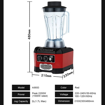 2200W Countertop Blender with 2L Jar, 6-Blade System, Timer, Silent Operation