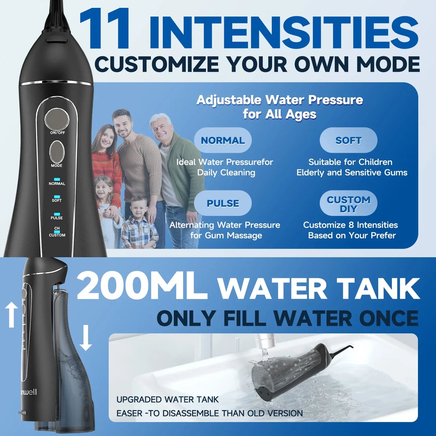 Portable Cordless Water Flosser - Rechargeable Oral Irrigator, 200ML Tank, 4 Tips, IPX7 Waterproof, 3 Settings