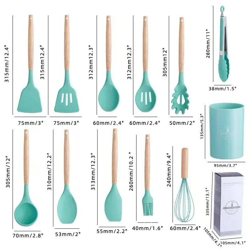Silicone Cooking Utensils Set - 12 Pieces with Wooden Handles