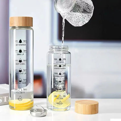 Borosilicate Glass Hydration Bottle with Time Indicators – 24oz / 32oz, Leakproof Bamboo Lid, Eco-Friendly, BPA-Free