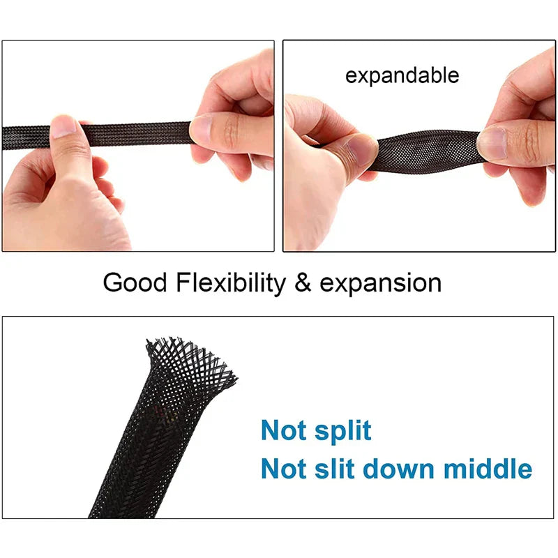 10M Black Insulated Braided Sleeves - PET Cable Protection Tube, Flame-Retardant Nylon Pipe - 4-30mm Narrow Cable Pass-through