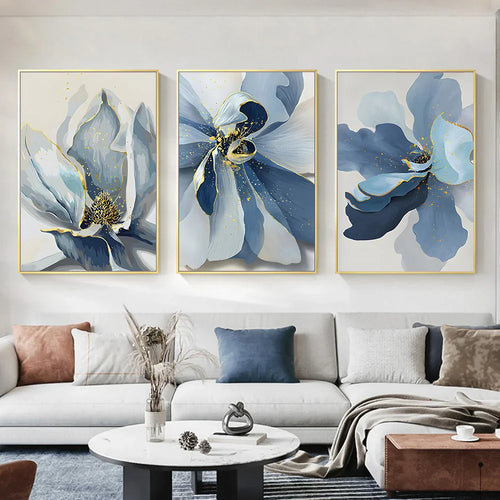 Modern Botanical Abstract Canvas Prints - Large Blue Floral Wall Art for Home Decor