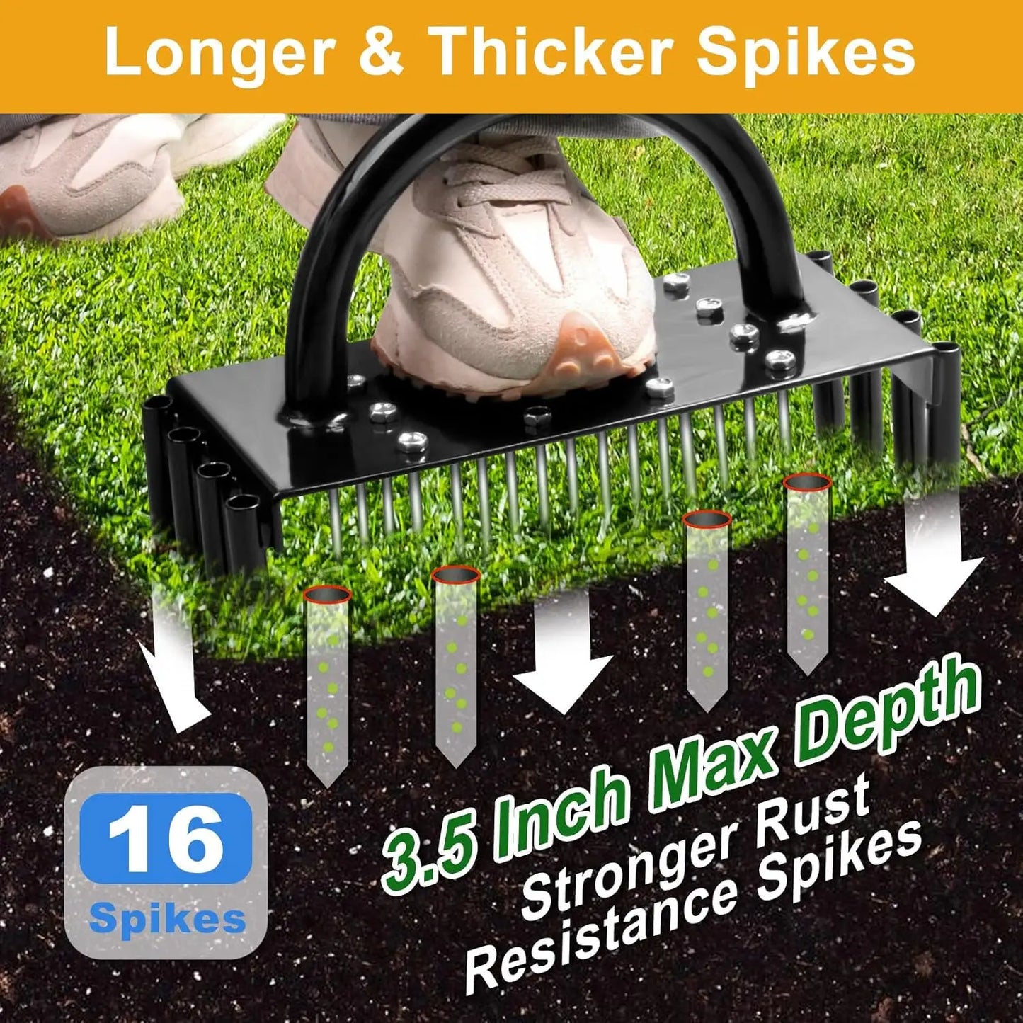 Manual Lawn Aerator with Carbon Steel | 16 Spikes & 8 Hollow Tines | For Healthy Grass and Garden