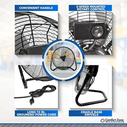 18-Inch High-Velocity Floor Fan – Adjustable Tilt with 3 Speeds and Handle